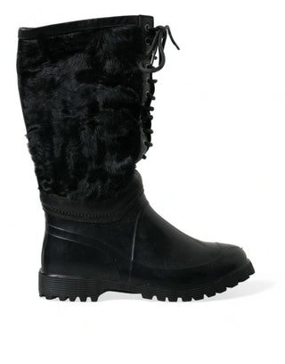 Dolce & Gabbana Boots Black Rubber Lace Up Shearling Rain Boots Shoes