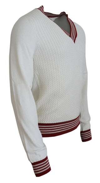 Dolce & Gabbana Clothing White Red Knitted V-neck Pullover Sweater
