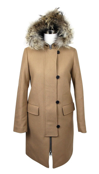Sandro Clothing Beige / IT40 Women's Camel Kurt Wool Coat Fur Trim Hood
