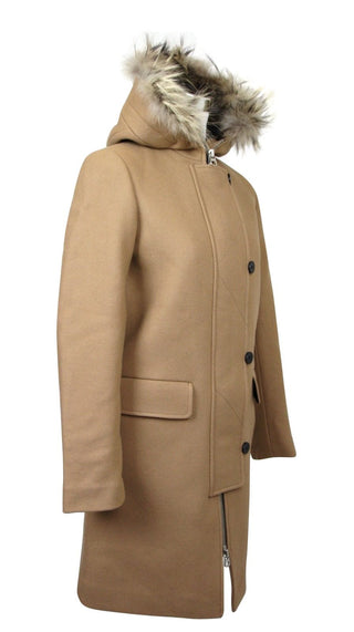 Sandro Clothing Beige / IT40 Women's Camel Kurt Wool Coat Fur Trim Hood